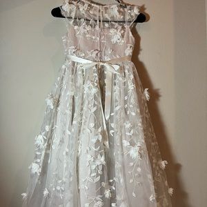 Chantilly Place cream lace girls dress with pearls and ribbon.